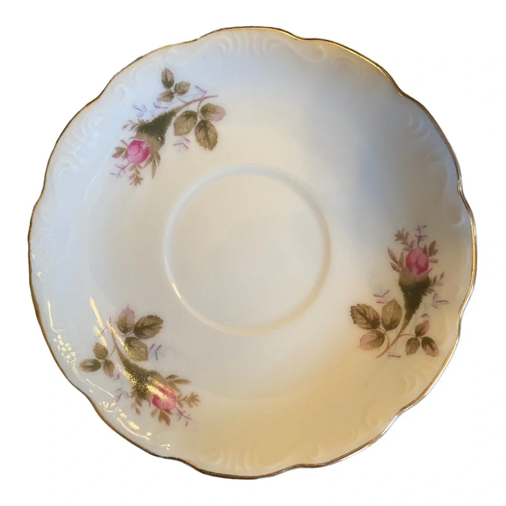 Vintage Moss Rose Teacup and Saucer Set, Fine China Japan Gold Trim